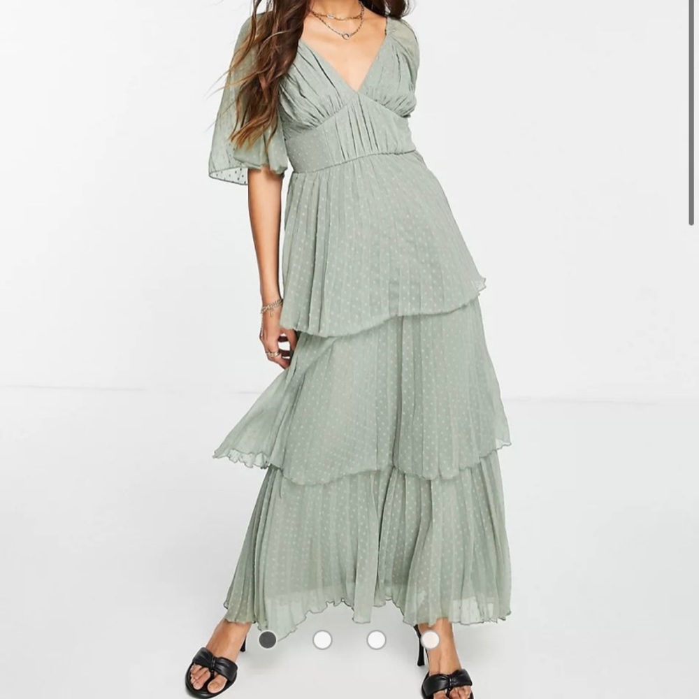 ASOS Pleated Tiered Ruffle Sage Dress size 8